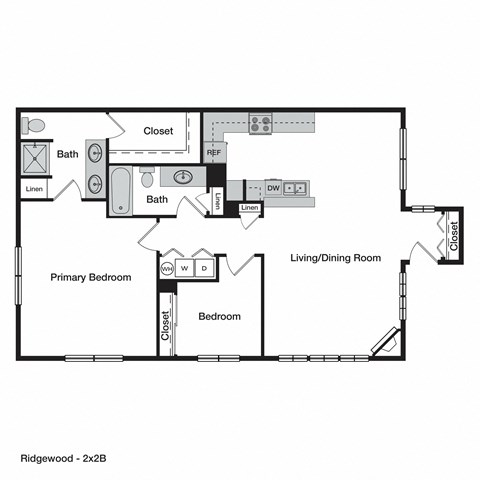 Floor plan for 2 beds, 2 baths, 1345 sqft